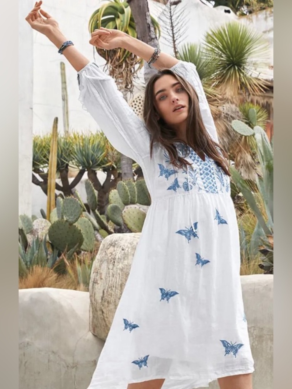 Johnny Was White Dress with Blue Embroidery